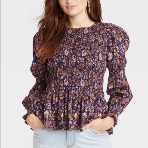 Universal Thread Women's Puff Long Sleeve Smocked Blouse - Picture 1 of 14